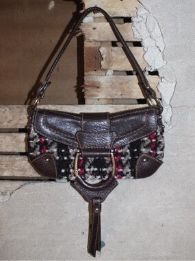 DOLCE & GABBANA 2000s Woven Tweed and Brown Leather Shoulder Bag
